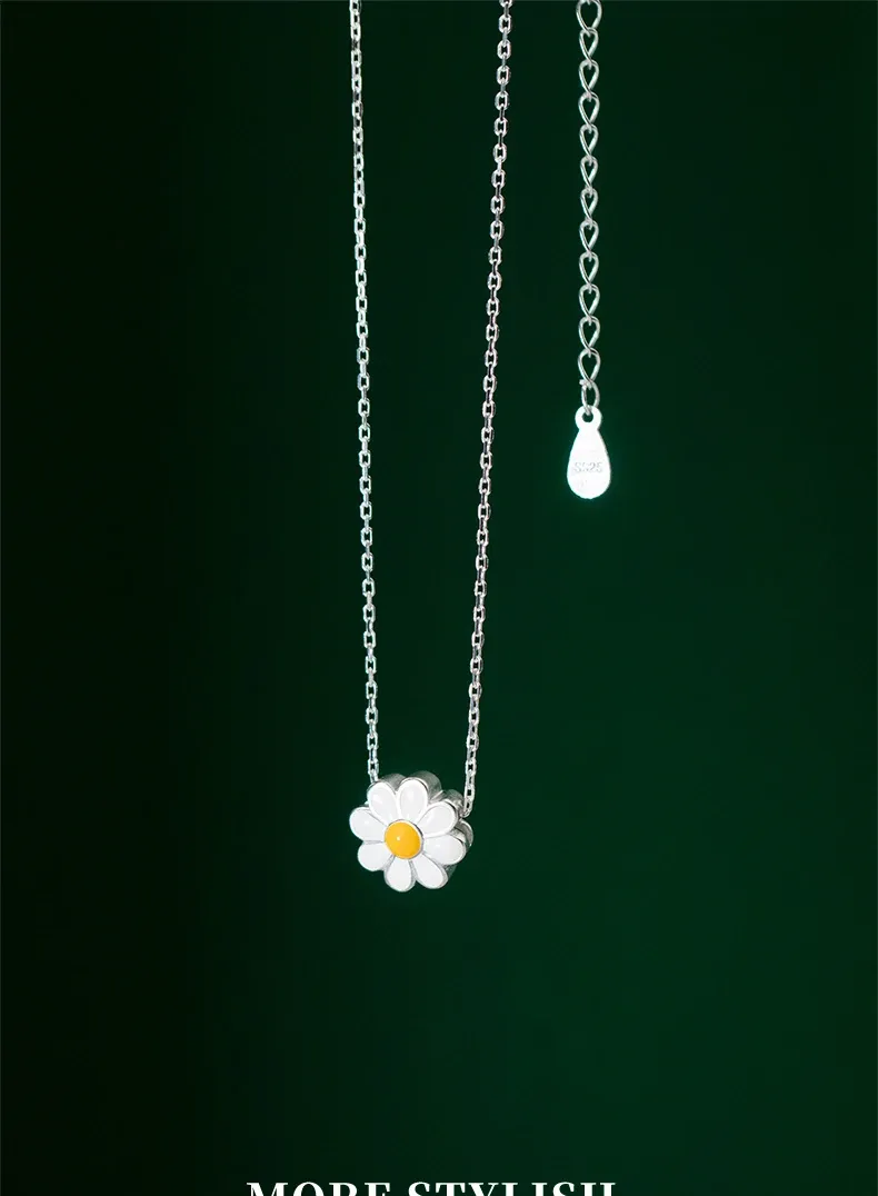 925 스털링 실버 에나멜 데이지 펜던트 목걸이