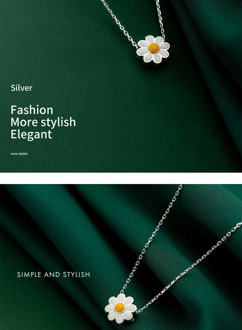 925 스털링 실버 에나멜 데이지 펜던트 목걸이