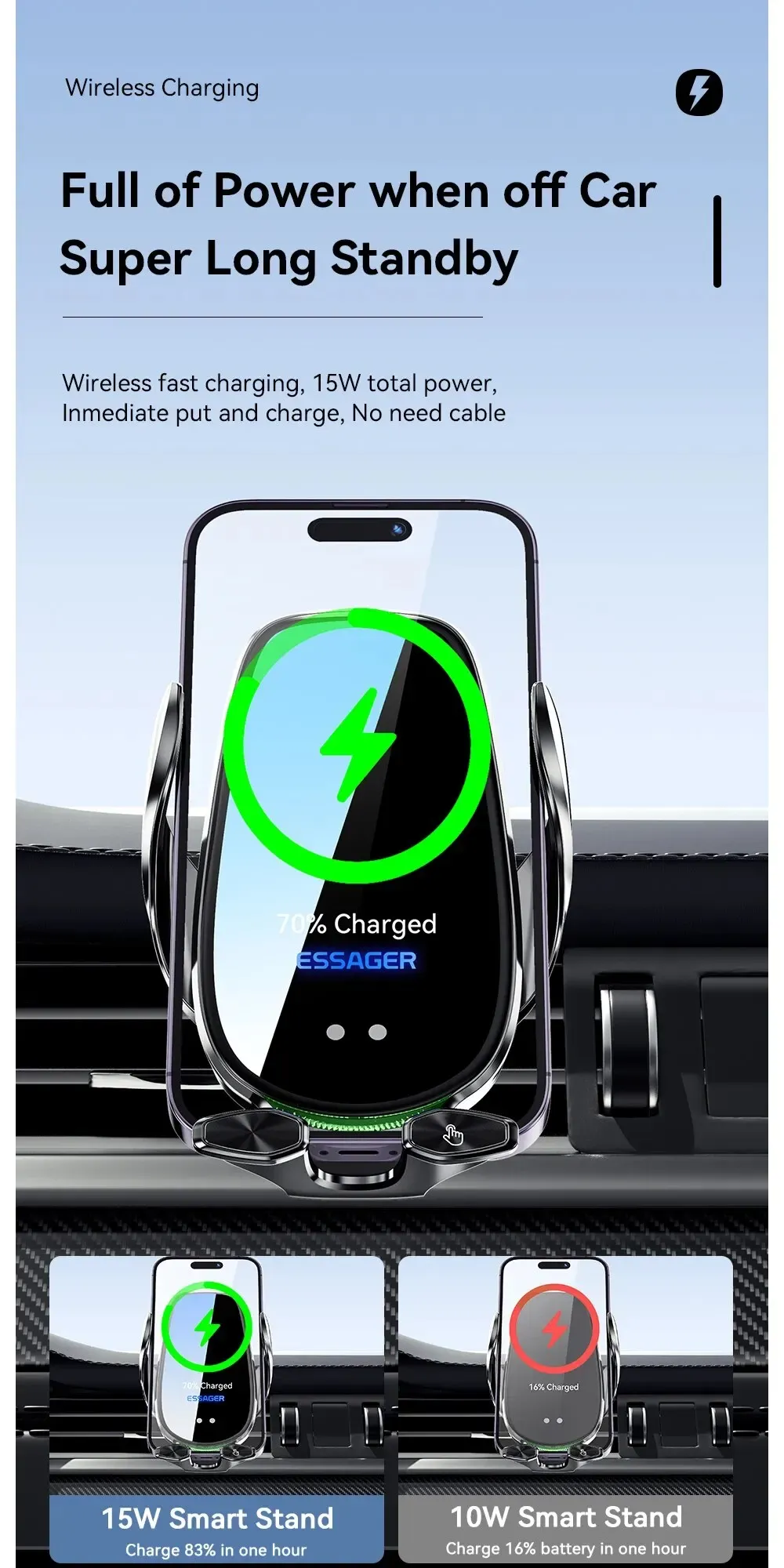 에사저 15W 차량용 에어벤트 무선충전 거치대