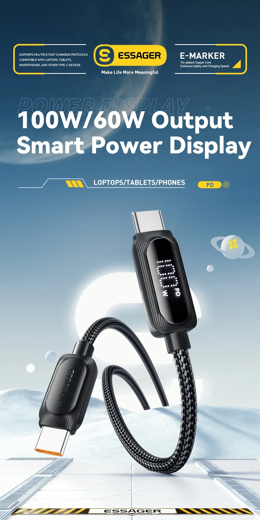 에사저 3m 100W USB-C 디지털 표시 고속 충전 케이블
