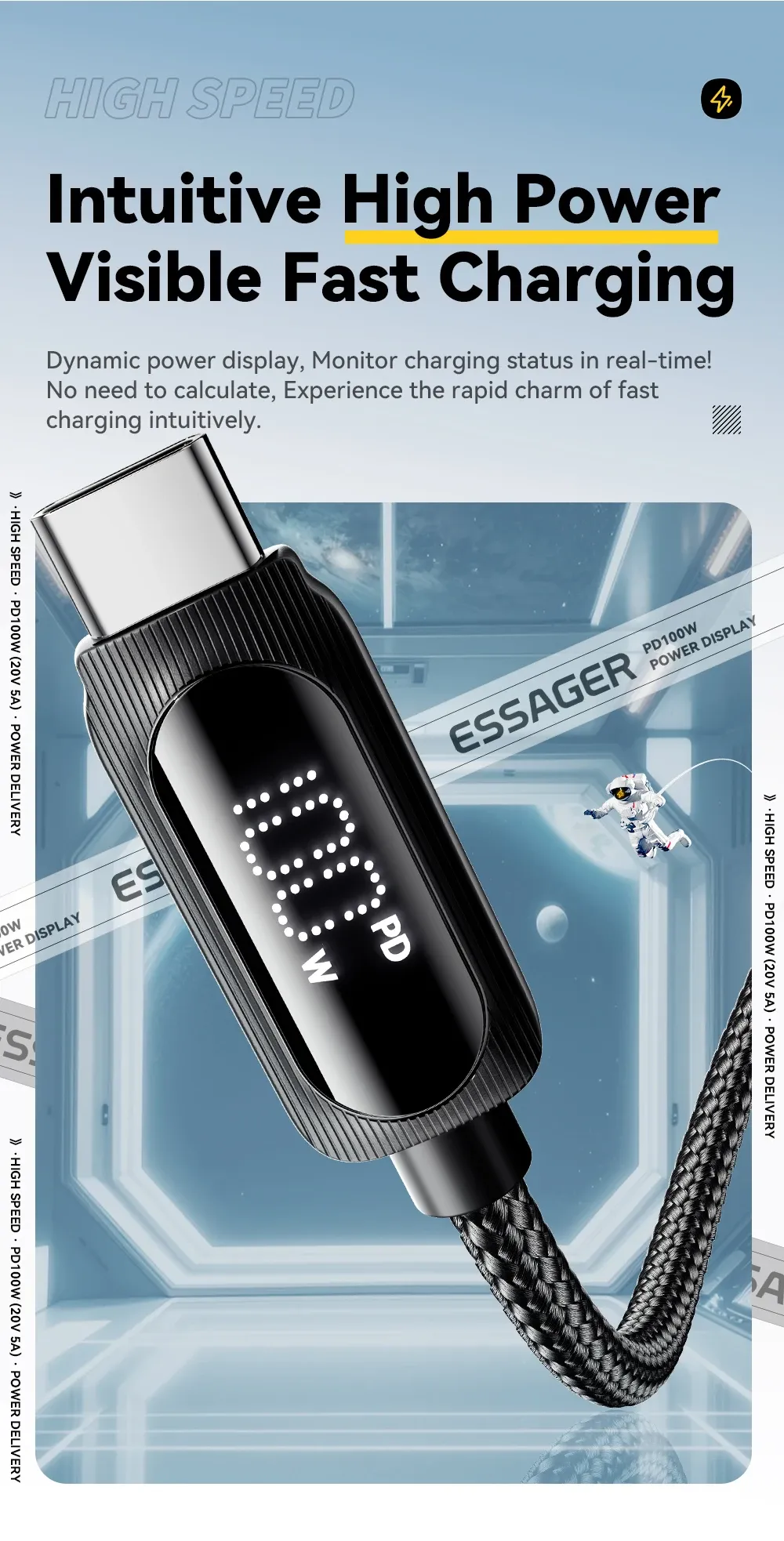 에사저 3m 100W USB-C 디지털 표시 고속 충전 케이블