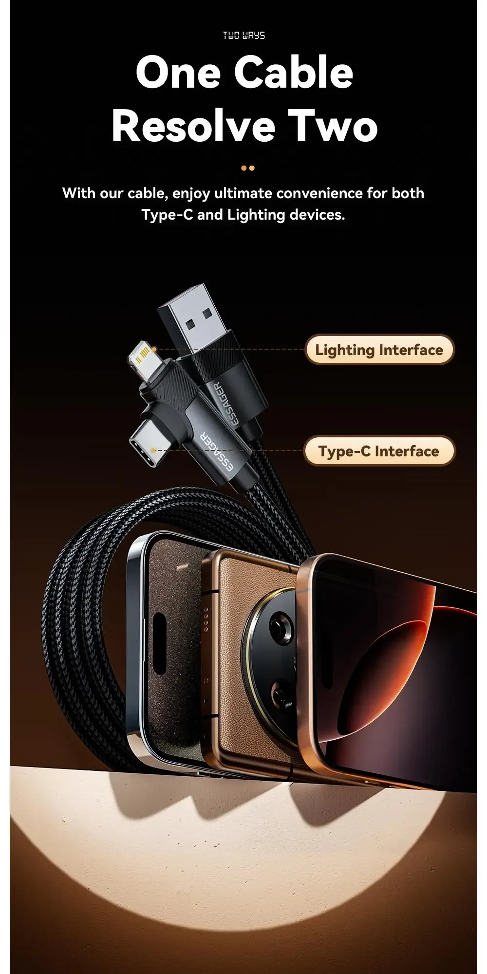 에사저 2in1 직각 USB-A to 타입C 고속 충전 데이터 케이블