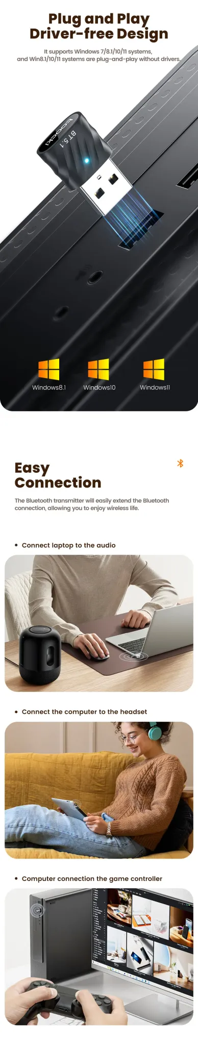 Toocki USB 블루투스 5.1 미니 송수신 어댑터