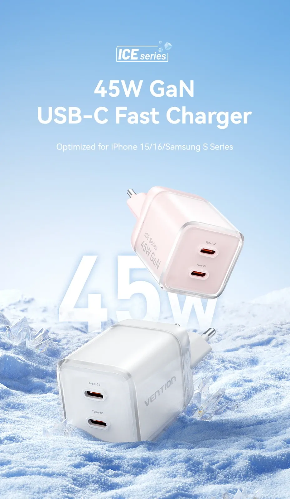 벤션 45W GaN 듀얼 USB-C 여행용 고속 충전기