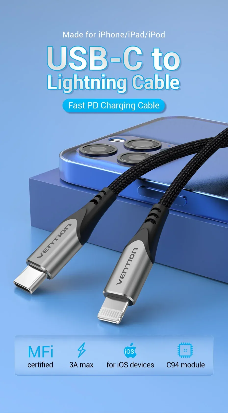 벤션 MFi 인증 USB-C 라이트닝 고속 충전 케이블