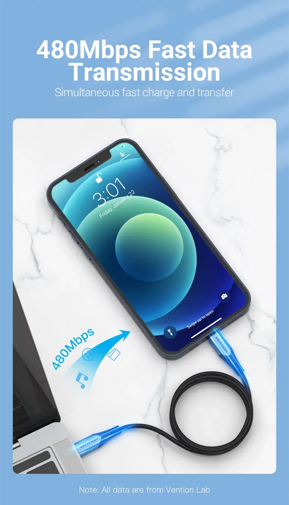 벤션 MFi 인증 USB-C 라이트닝 고속 충전 케이블