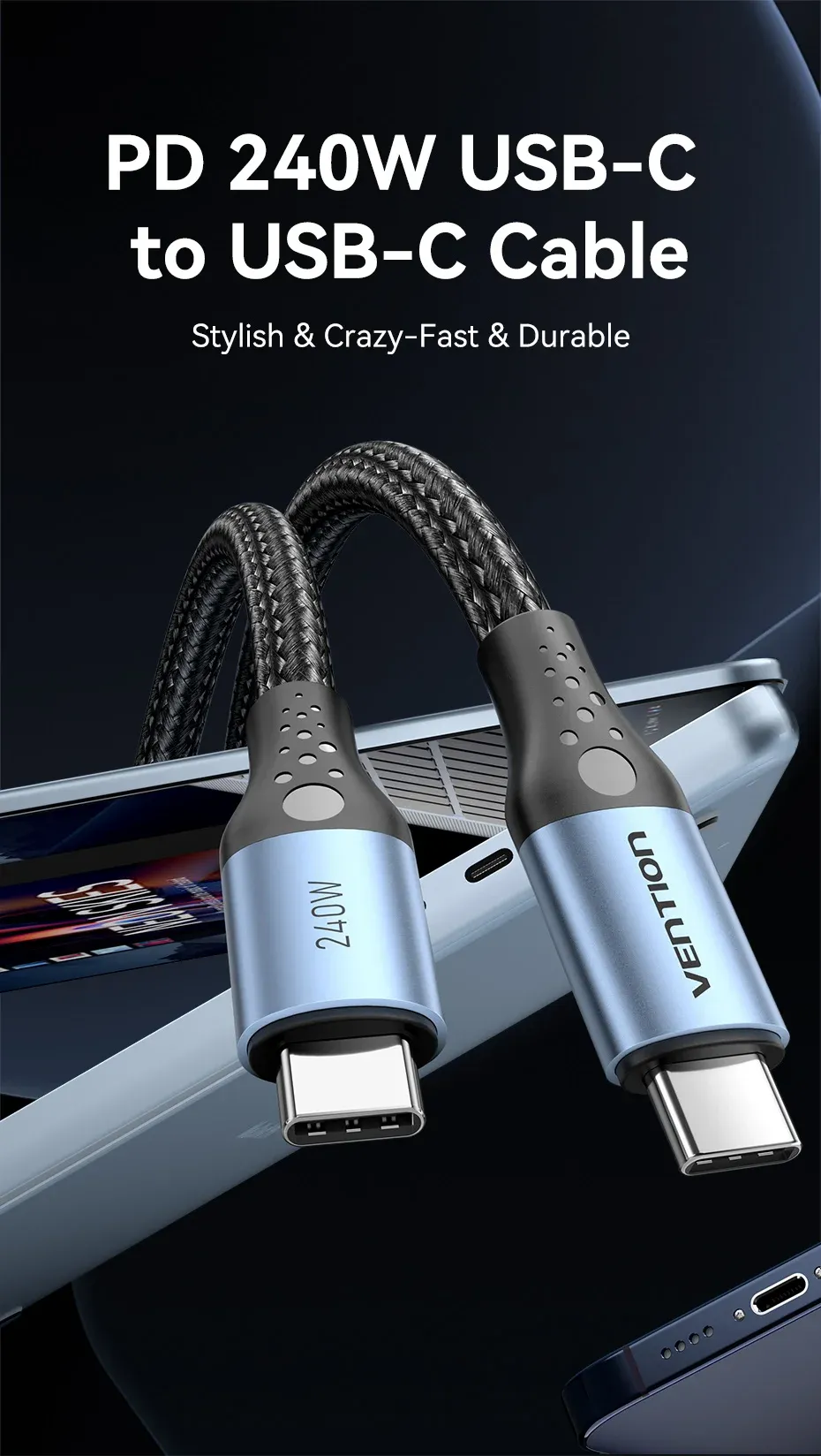 벤션 240W C타입 고속 충전 데이터 케이블