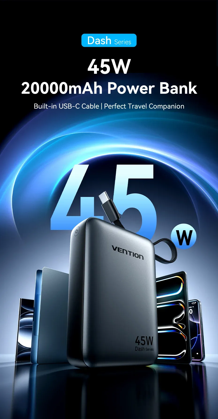 벤션 45W 2만mAh 내장 케이블 고속 충전 보조배터리