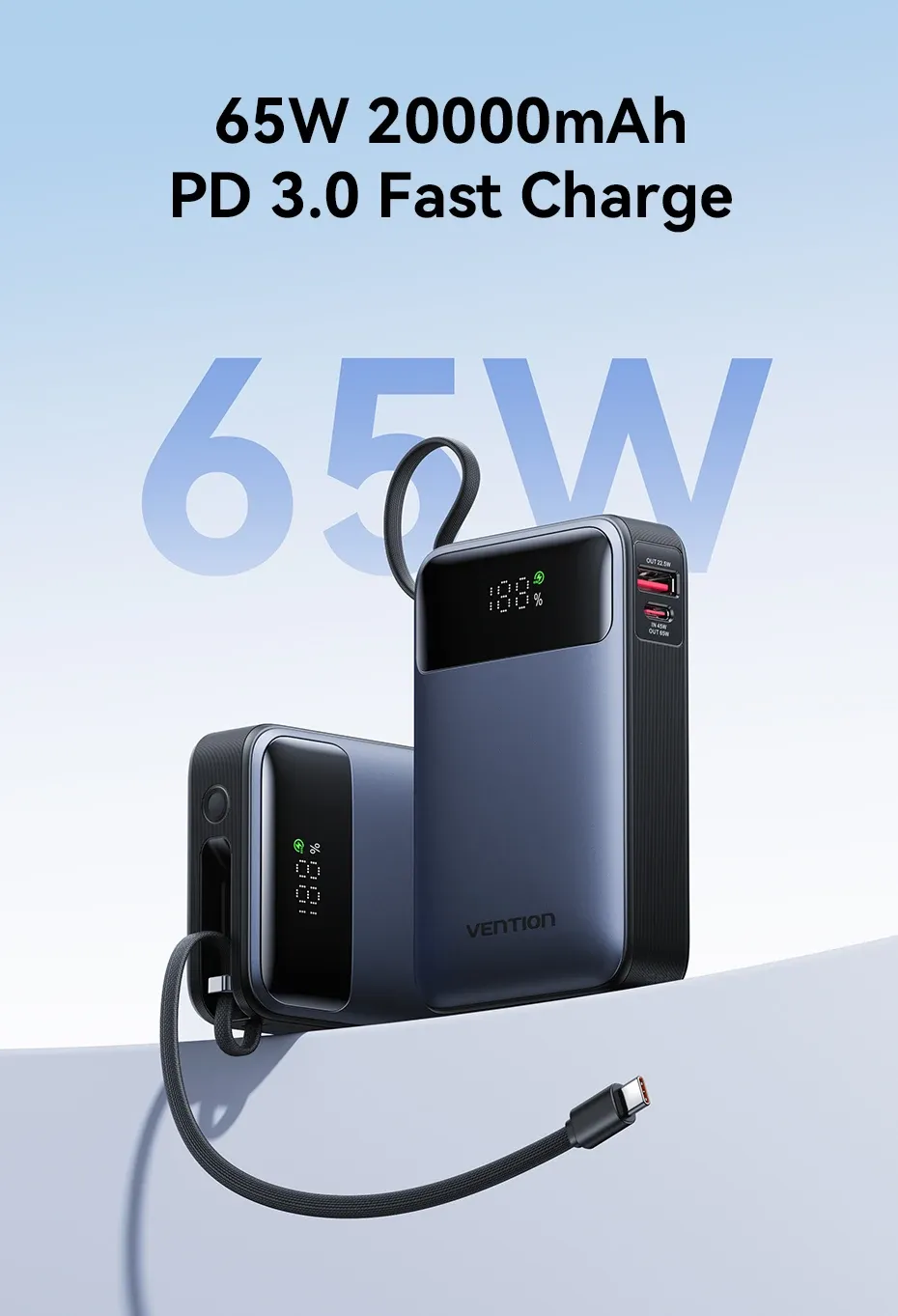 벤션 65W 2만mAh 내장 케이블 보조배터리