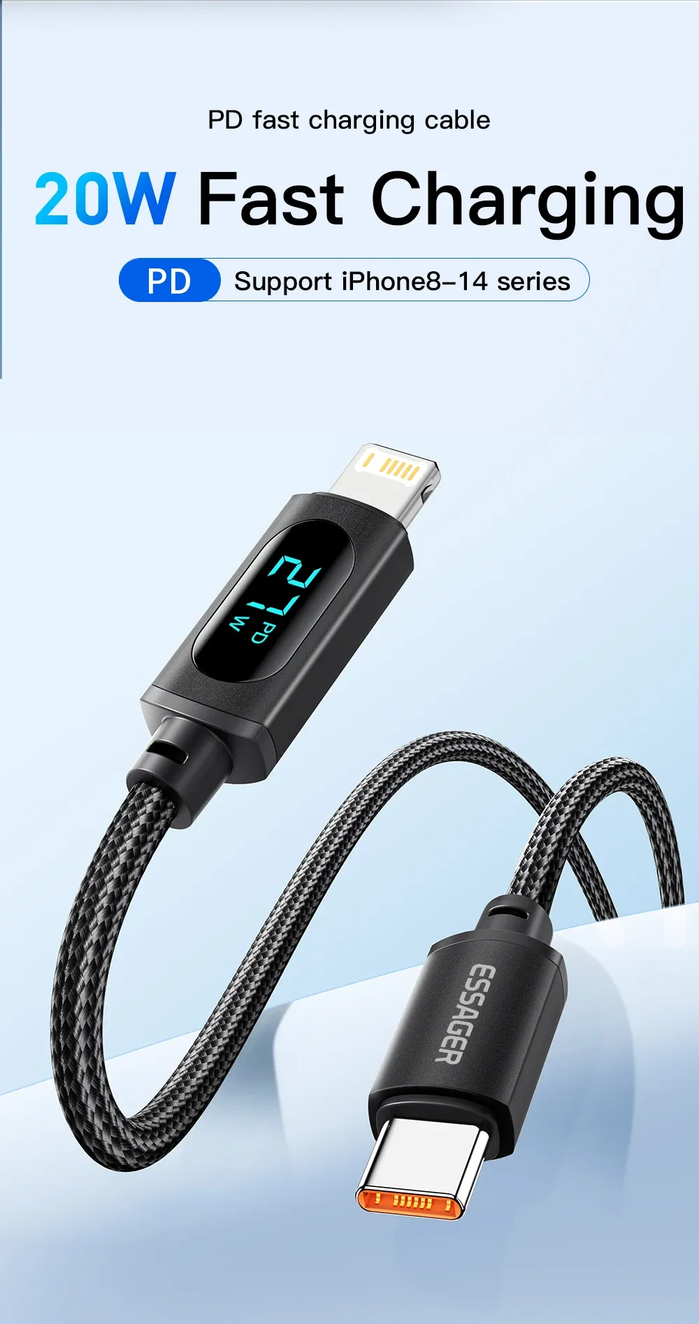에사저 USB-A to 라이트닝 LED 표시 고속 충전 케이블