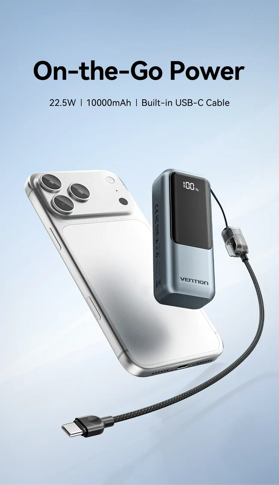 벤션 10000mAh 미니 디지털 보조배터리 내장 케이블형