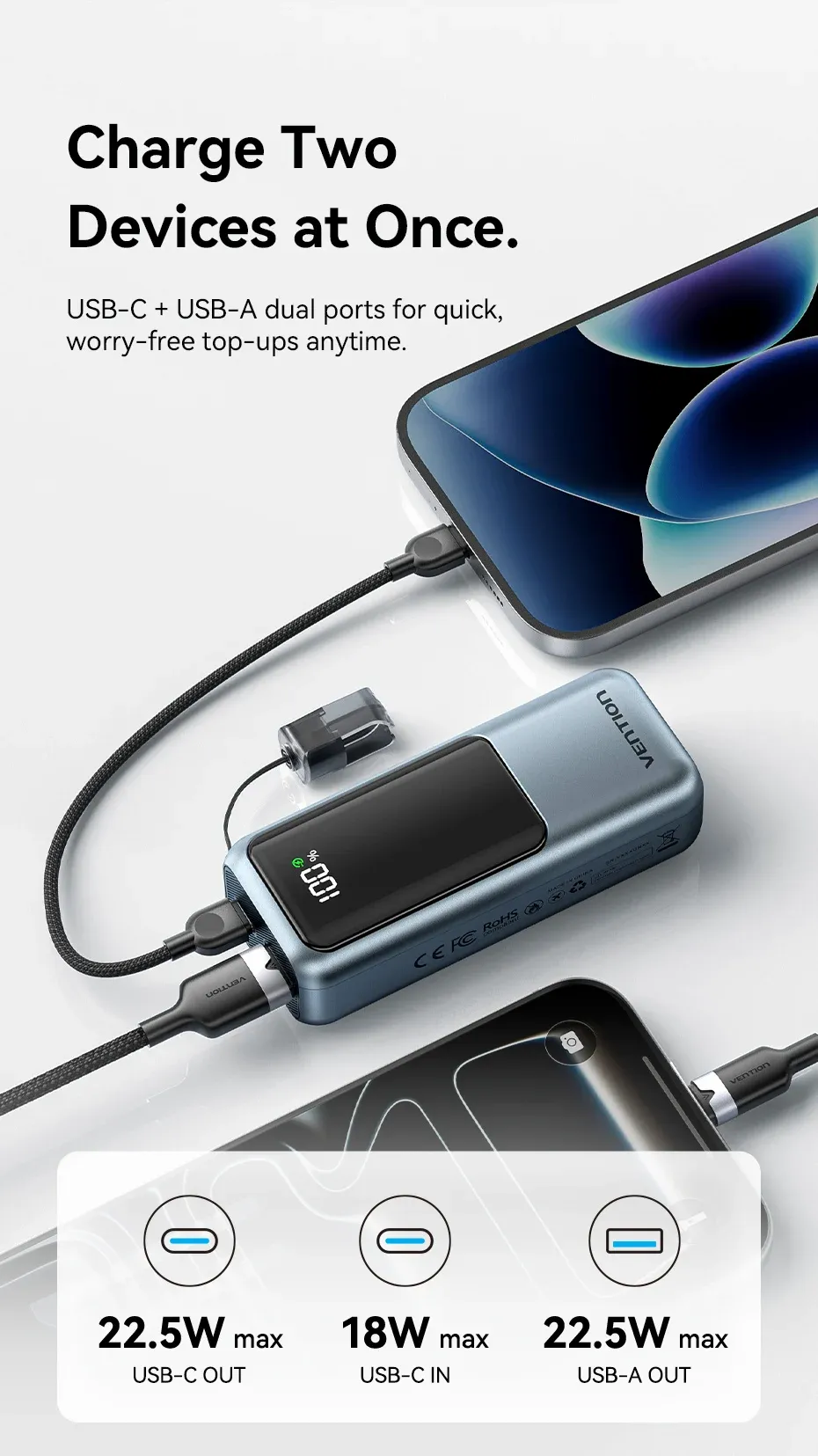 벤션 10000mAh 미니 디지털 보조배터리 내장 케이블형