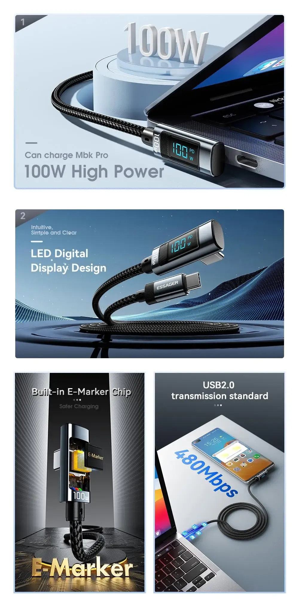 에사저 PD100W 직각 디지털 표시 USB-C 케이블