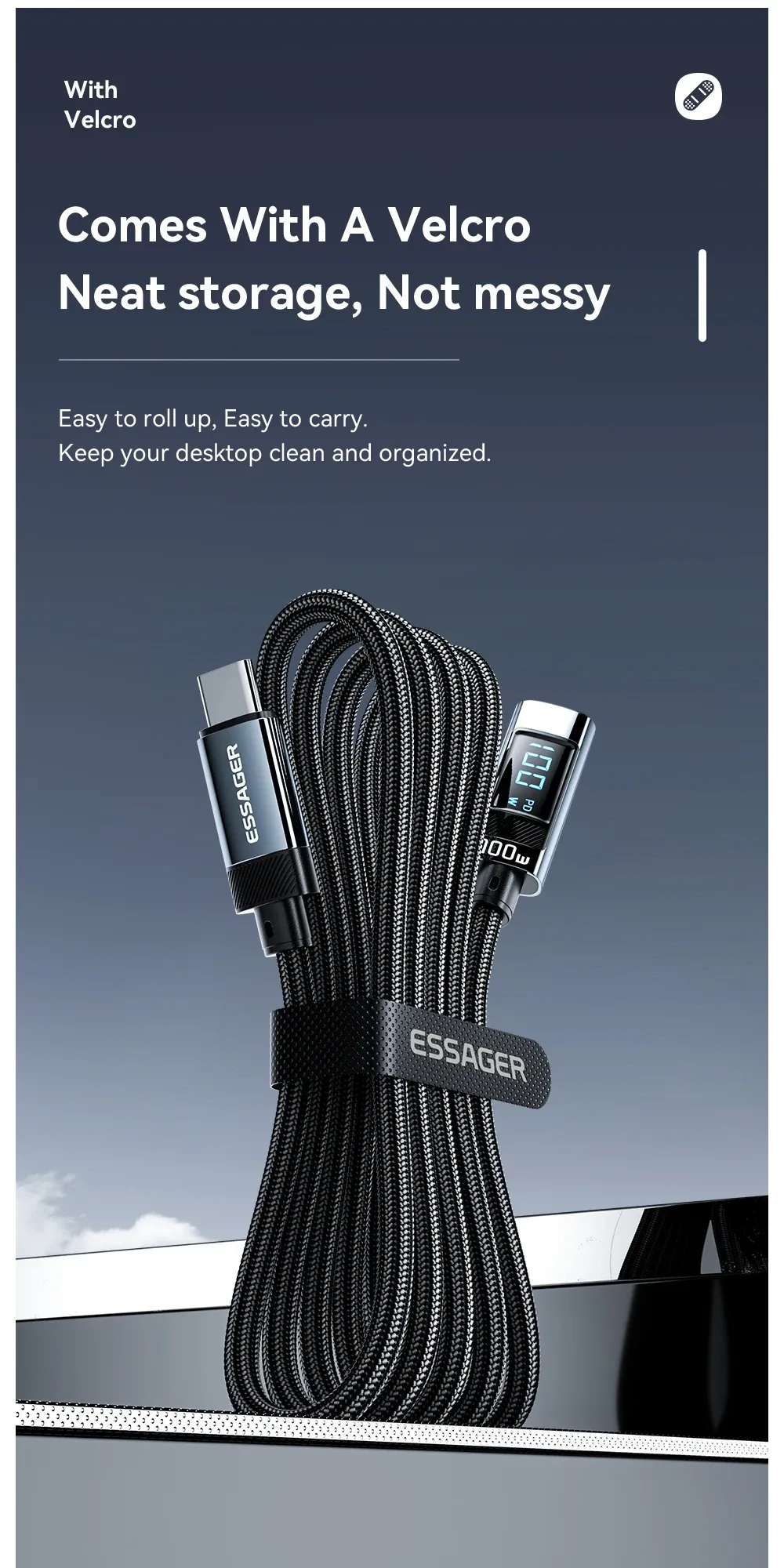 에사저 PD100W 직각 디지털 표시 USB-C 케이블