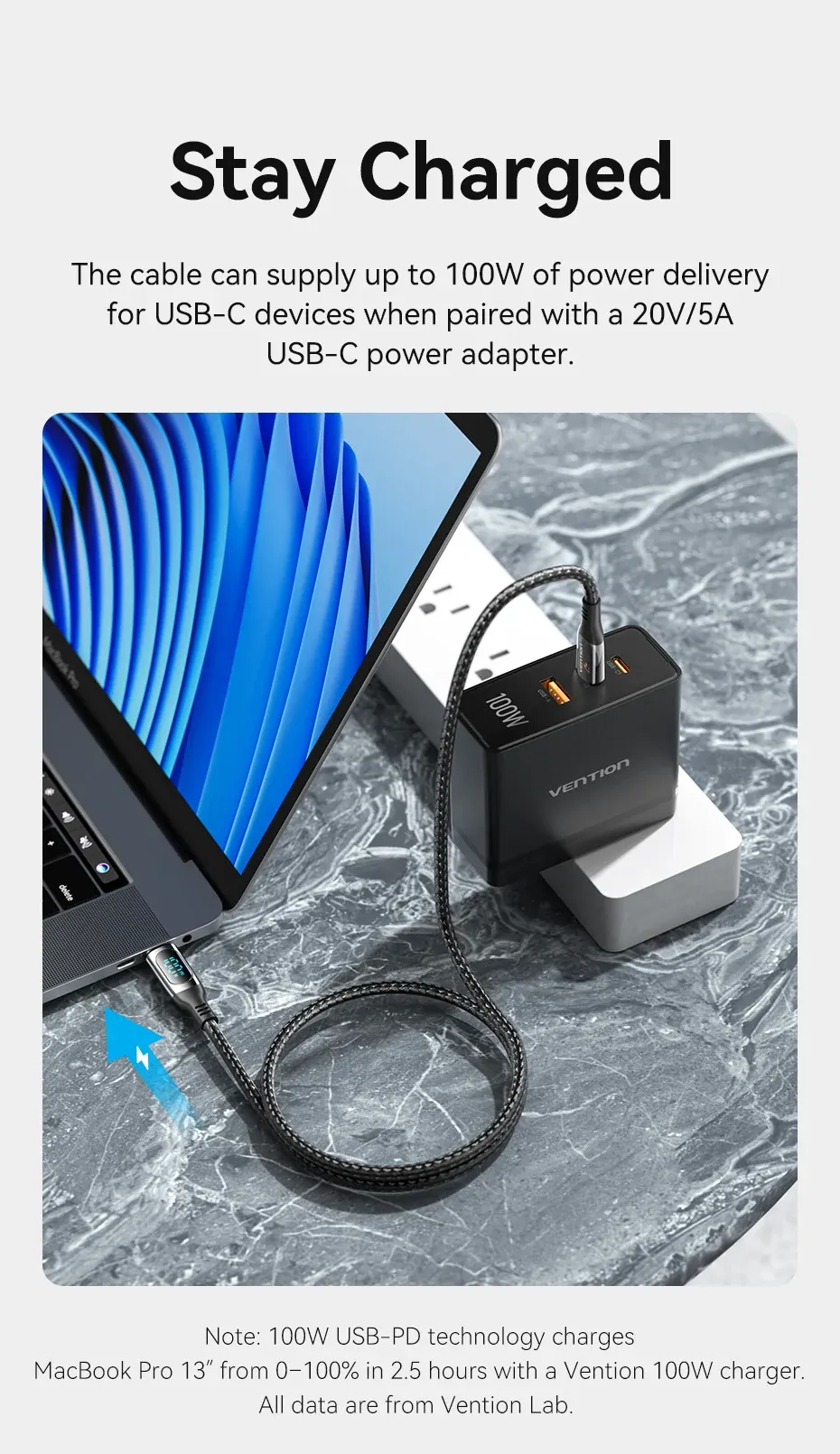 벤션 PD 100W LED 표시 고속 충전·데이터 동기화 USB-C 케이블