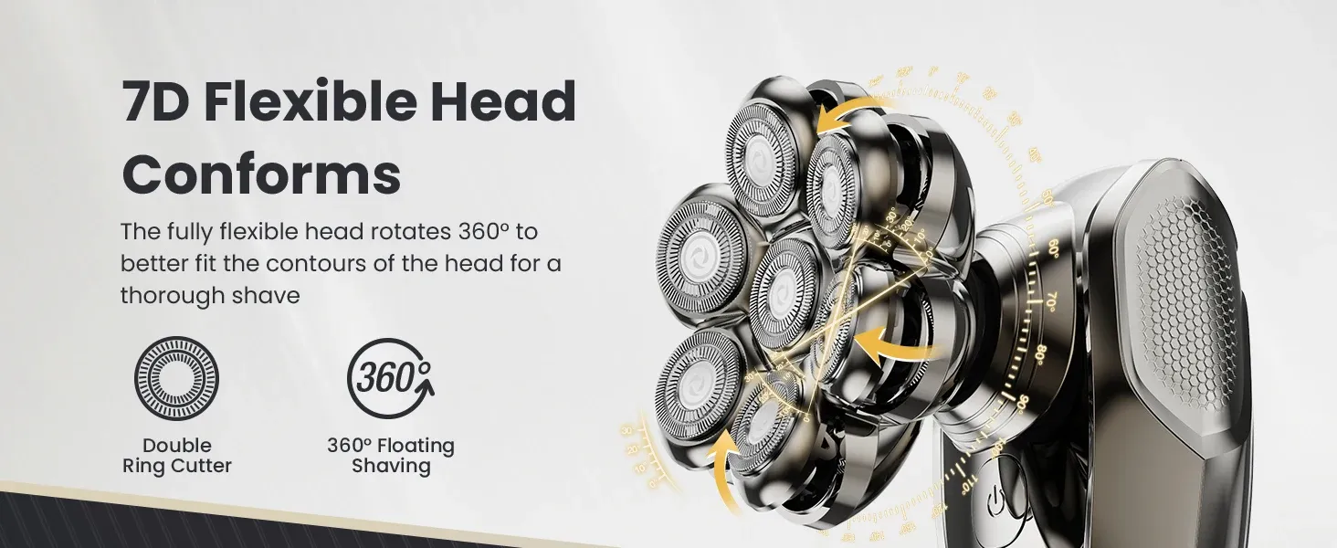 IPX7 방수 7D 회전식 두피 전기면도기