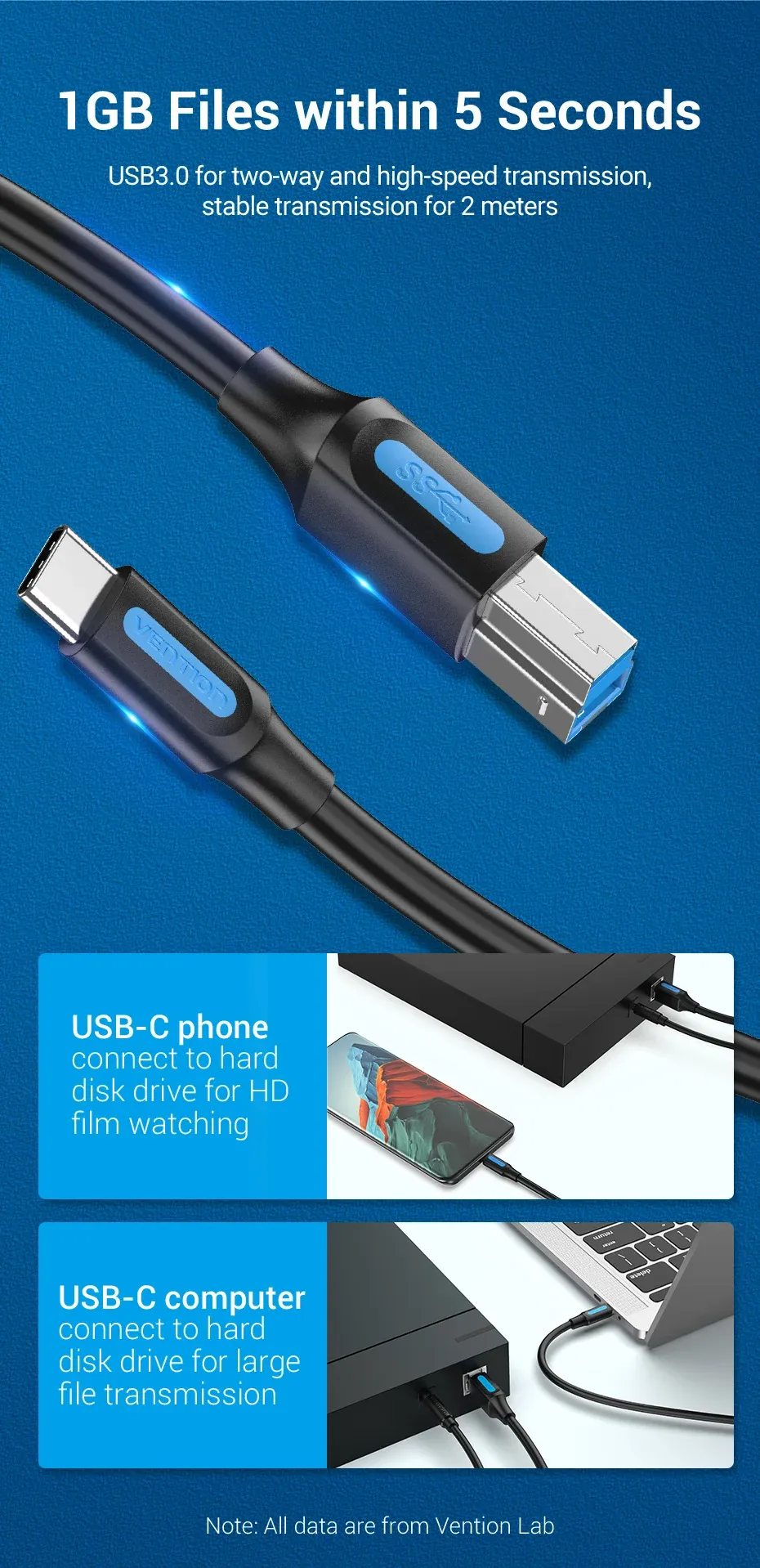 Vention USB-C to USB-B 3.0 고속 연결 케이블