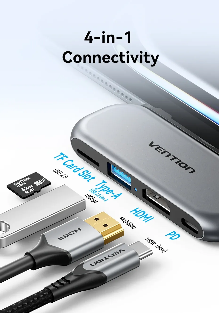 벤션 4in1 USB 3.2 Gen2 4K 허브 PD100W 도킹 어댑터
