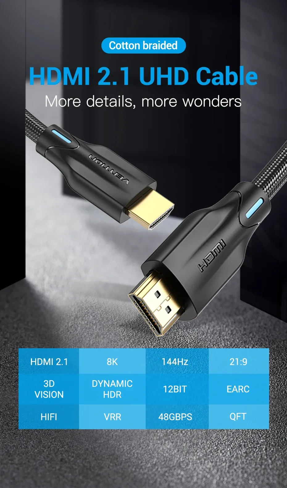 벤션 8K 60Hz HDMI 2.1 초고속 케이블 48Gbps