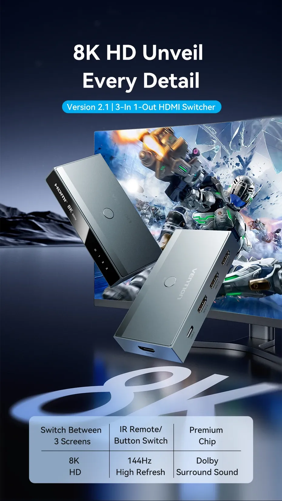 벤션 HDMI 2.1 3대1 스위처·분배기 8K 60Hz