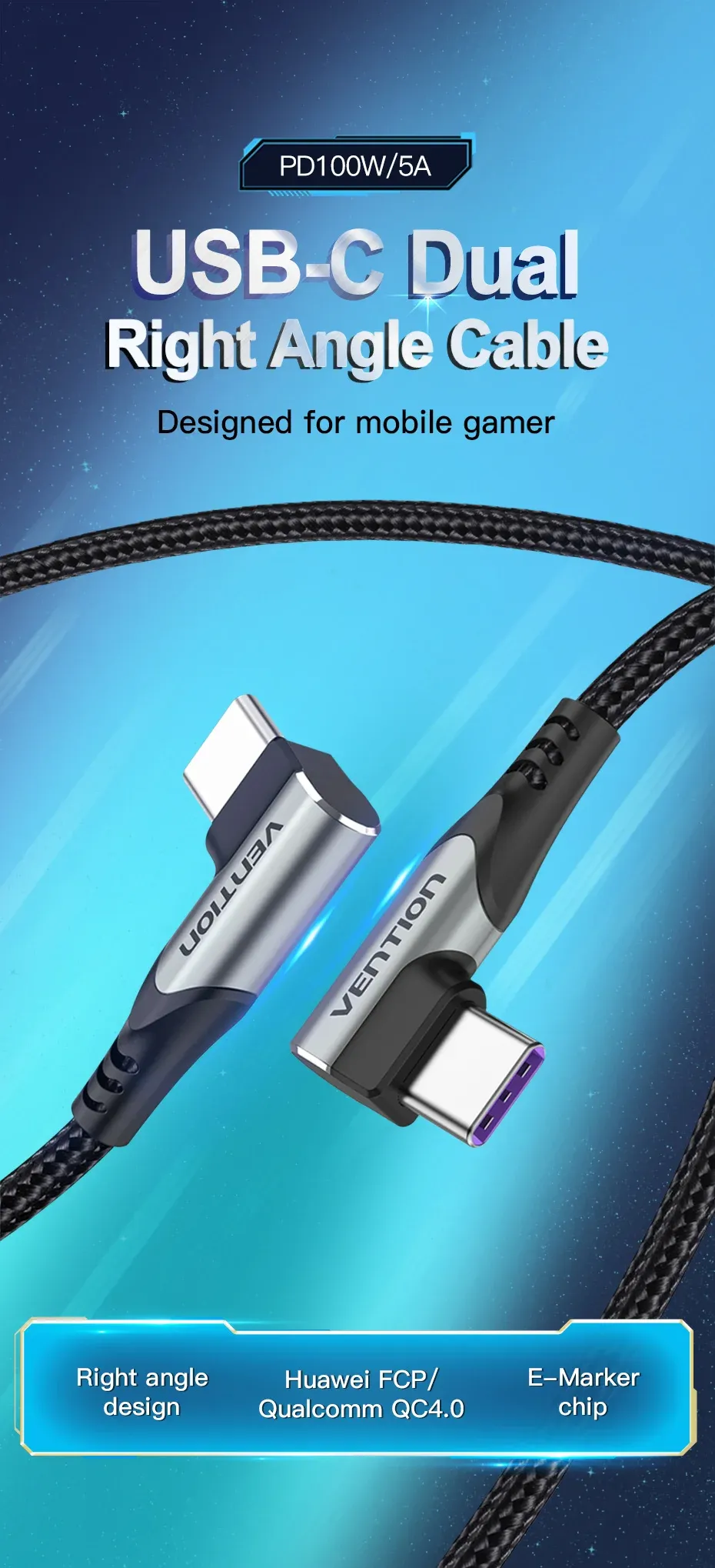 벤션 100W PD 듀얼 USB-C 고속 충전 케이블