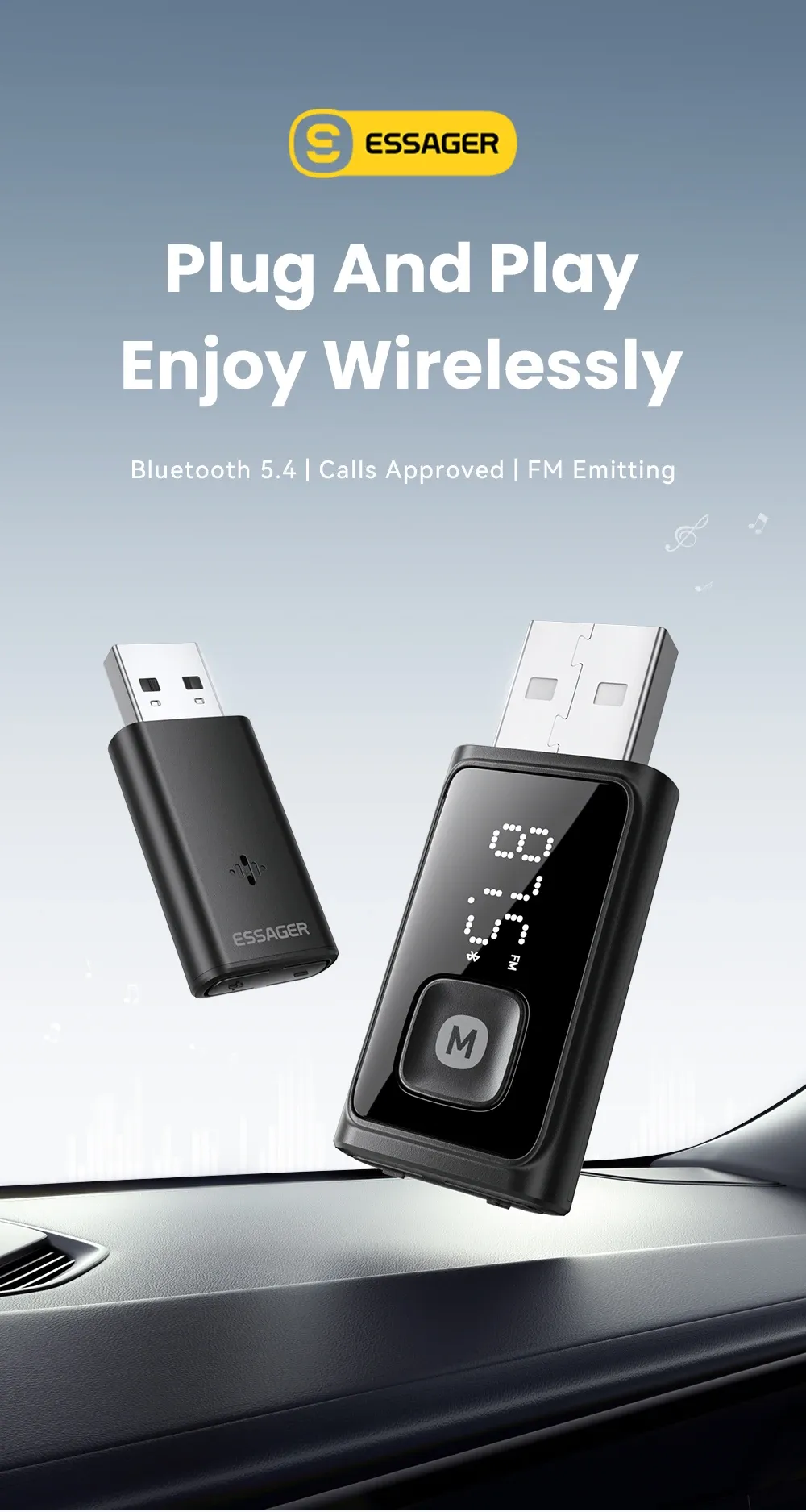ESSAGER 블루투스 5.4 차량용 FM 송신기 오디오 어댑터