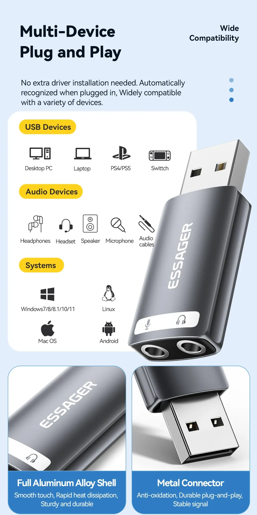 에사저 USB 외장 사운드카드 3.5mm 오디오 어댑터