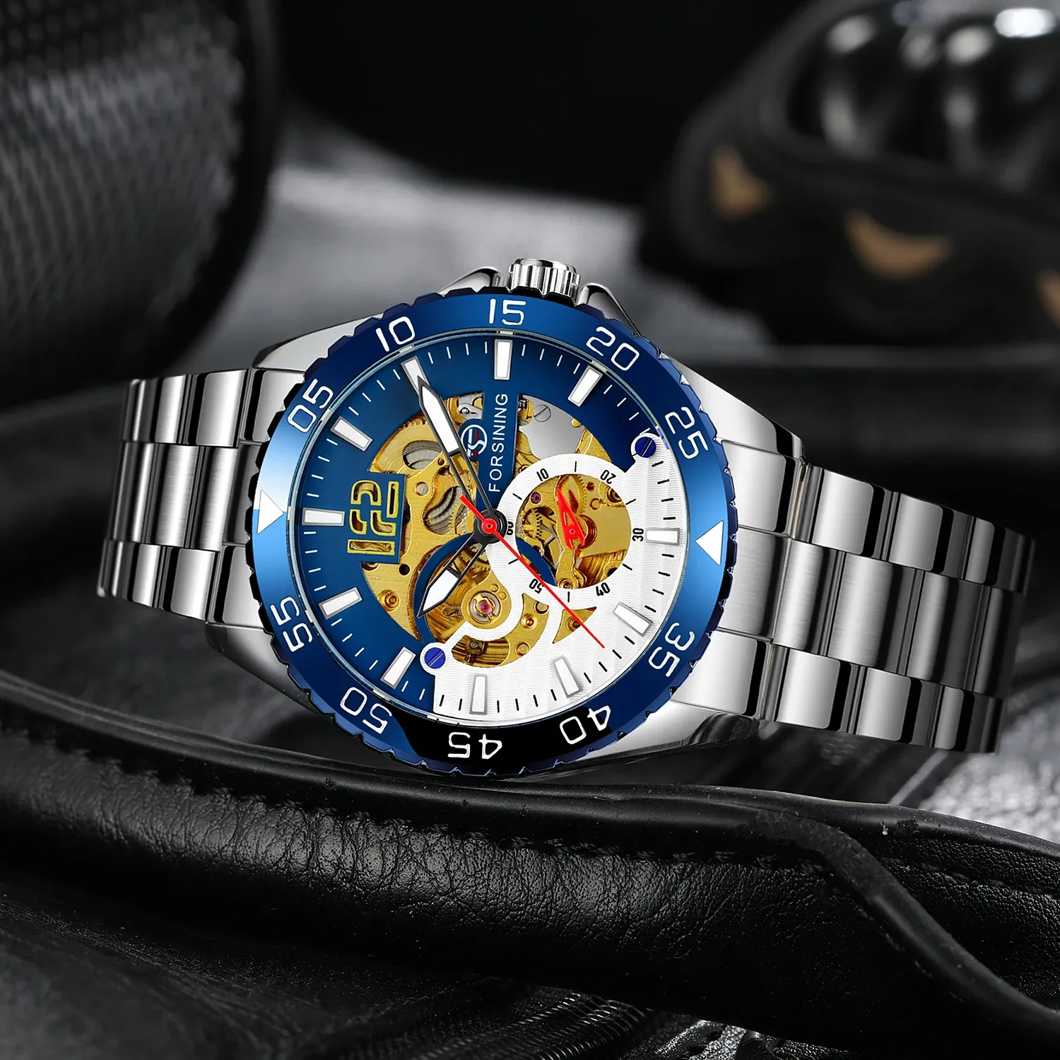포르시닝 블루 베젤 스켈레톤 오토매틱 남성 시계