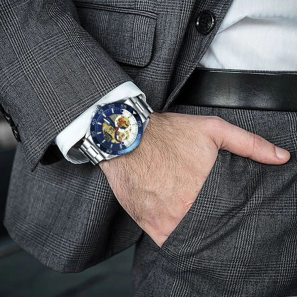 포르시닝 블루 베젤 스켈레톤 오토매틱 남성 시계