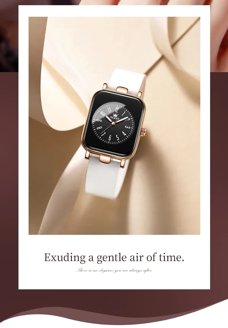 OLEVS 9961 여성용 사각 다이얼 실리콘 쿼츠 시계