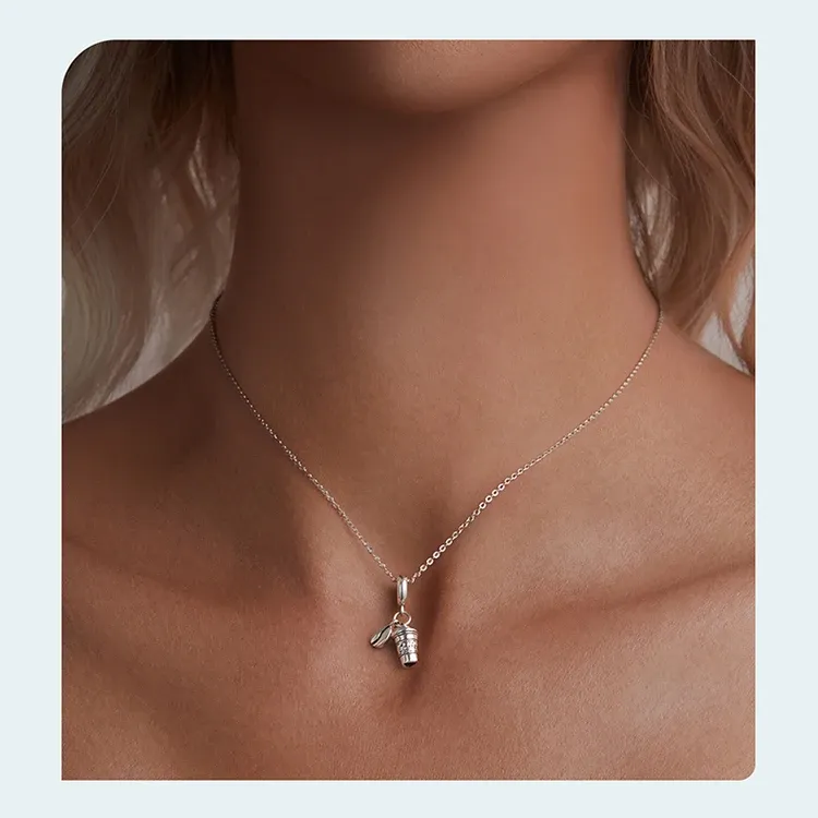 WOSTU 925 실버 블랙 에나멜 커피컵 카메라 참 펜던트