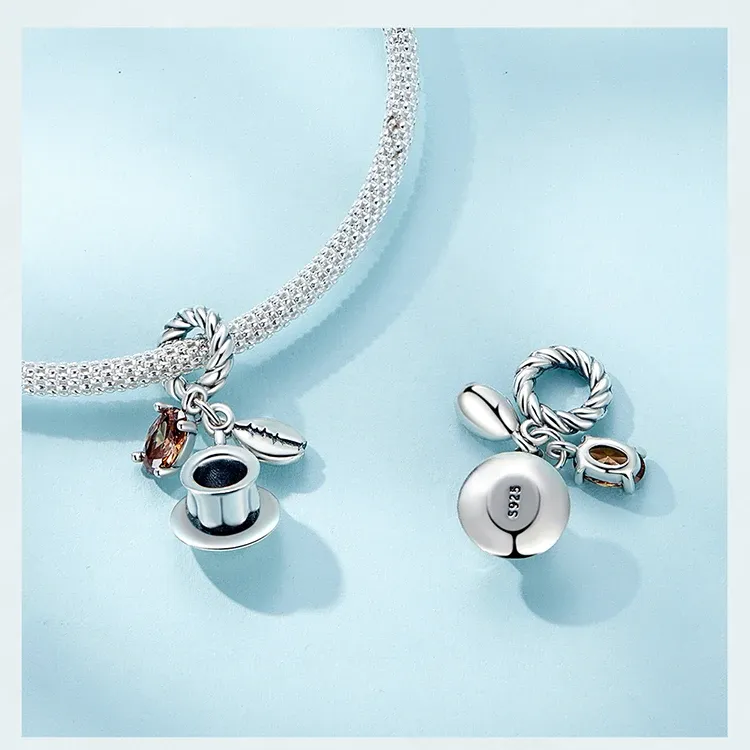 WOSTU 925 실버 블랙 에나멜 커피컵 카메라 참 펜던트