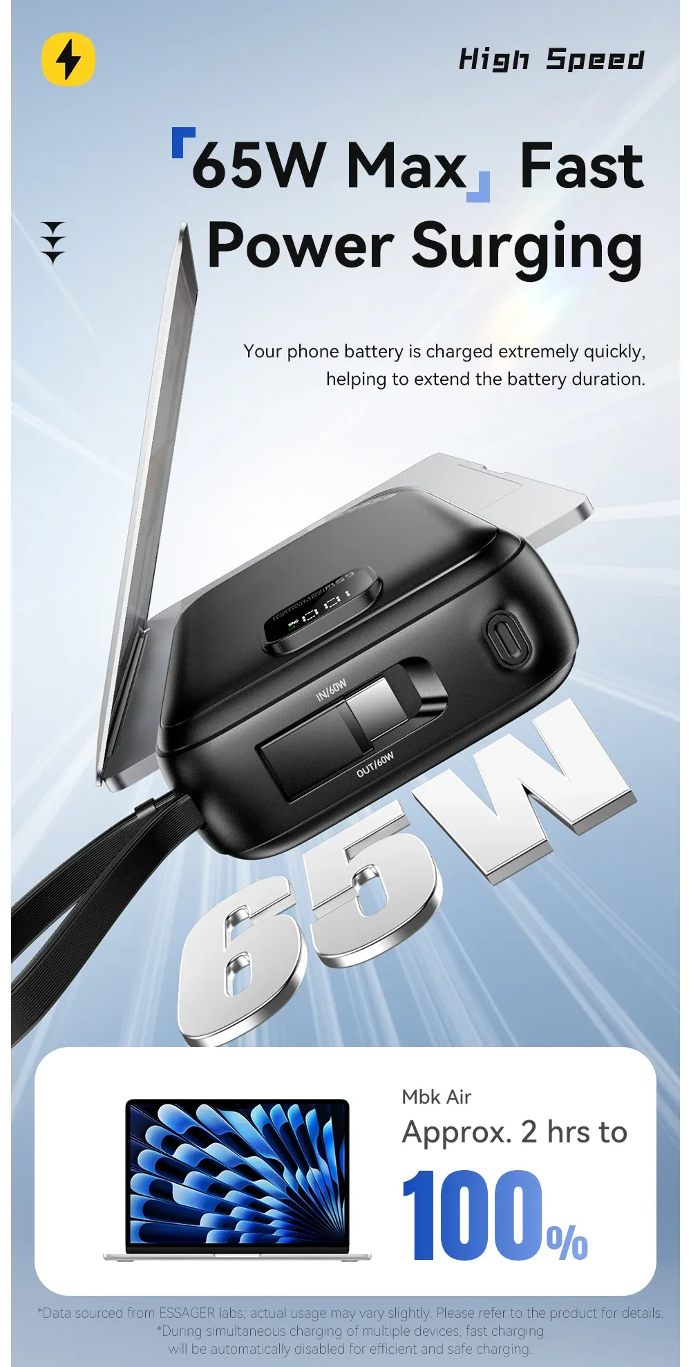 에사저 65W 2만mAh 내장 케이블 보조배터리