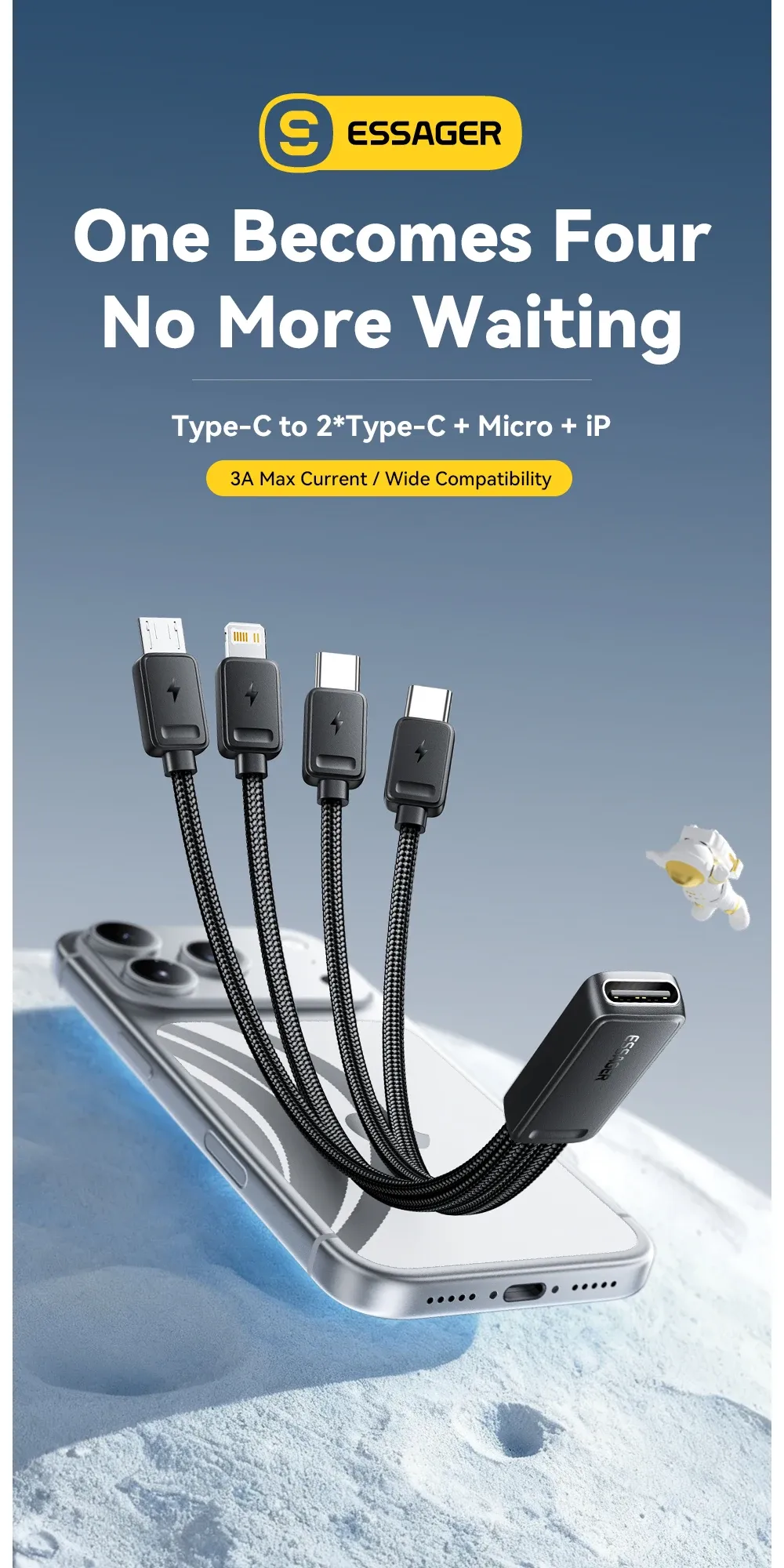 에사저 4-in-1 멀티 단자 고속 충전 여행 케이블