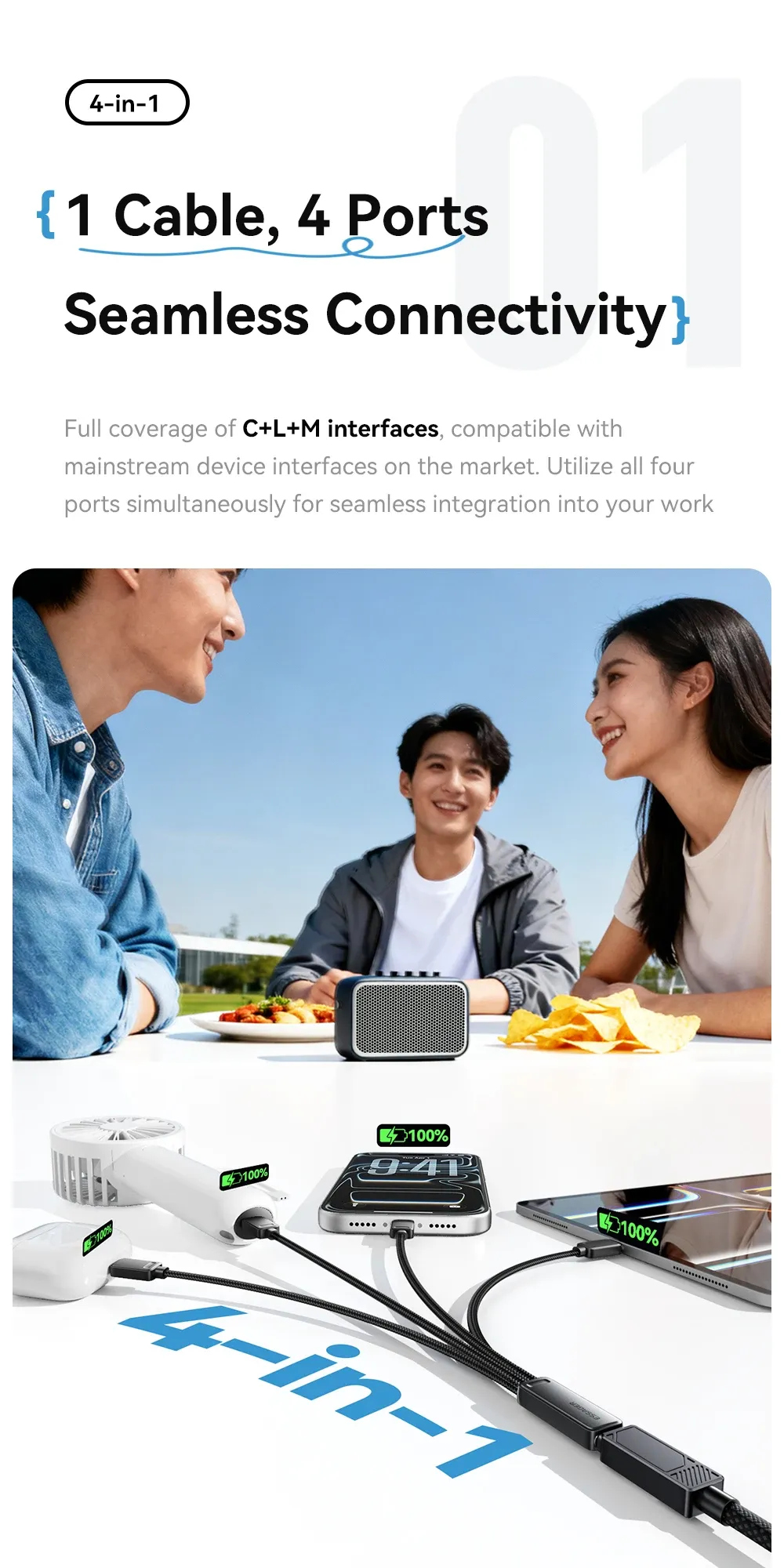 에사저 4-in-1 멀티 단자 고속 충전 여행 케이블