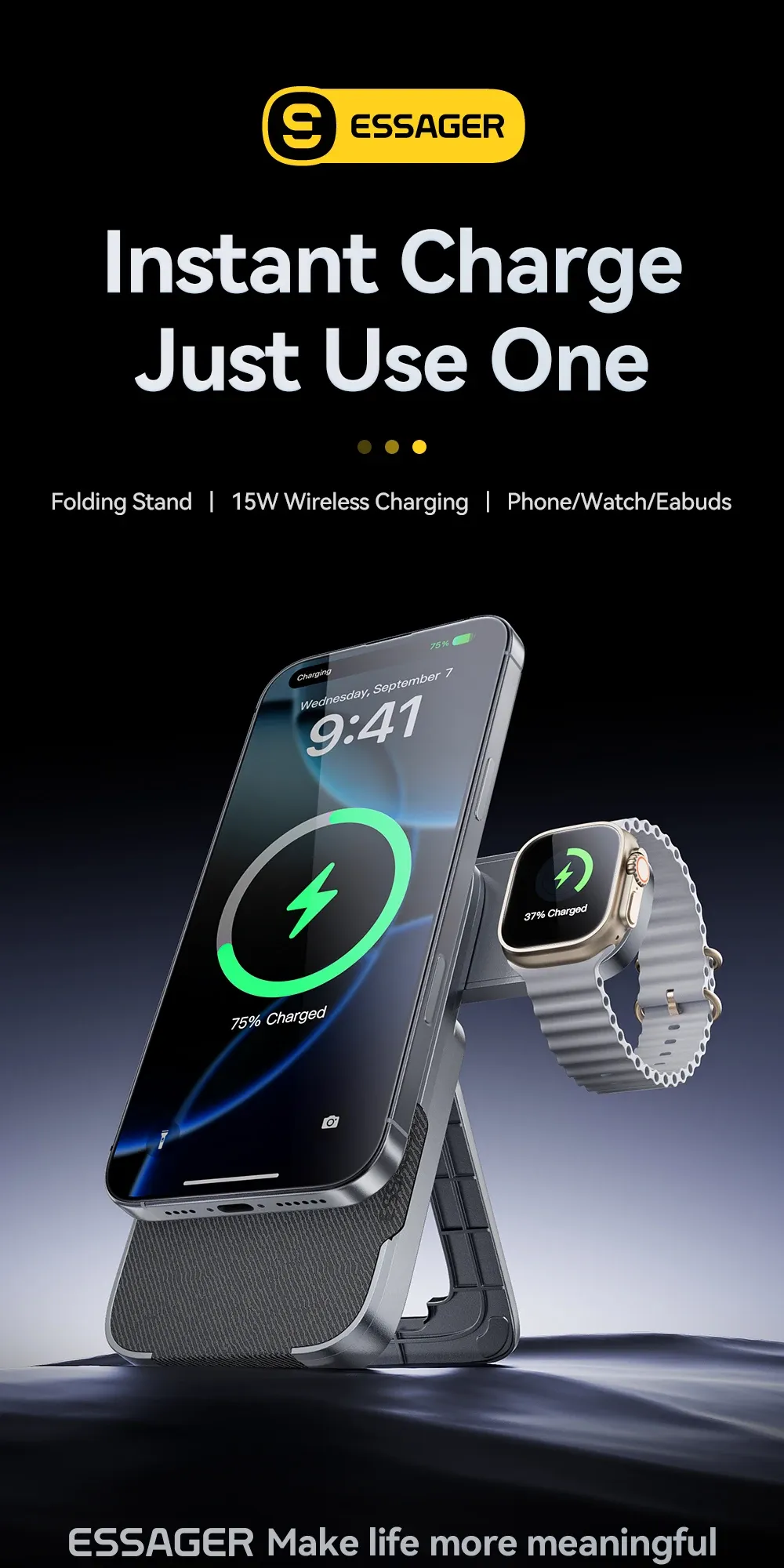 에사저 3기기 접이식 마그네틱 무선충전 스탠드 15W