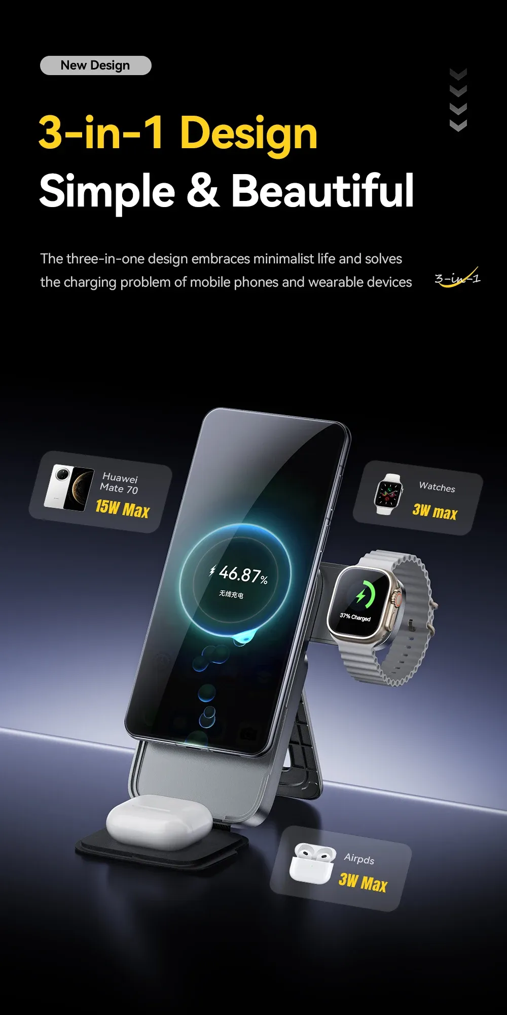 에사저 3기기 접이식 마그네틱 무선충전 스탠드 15W