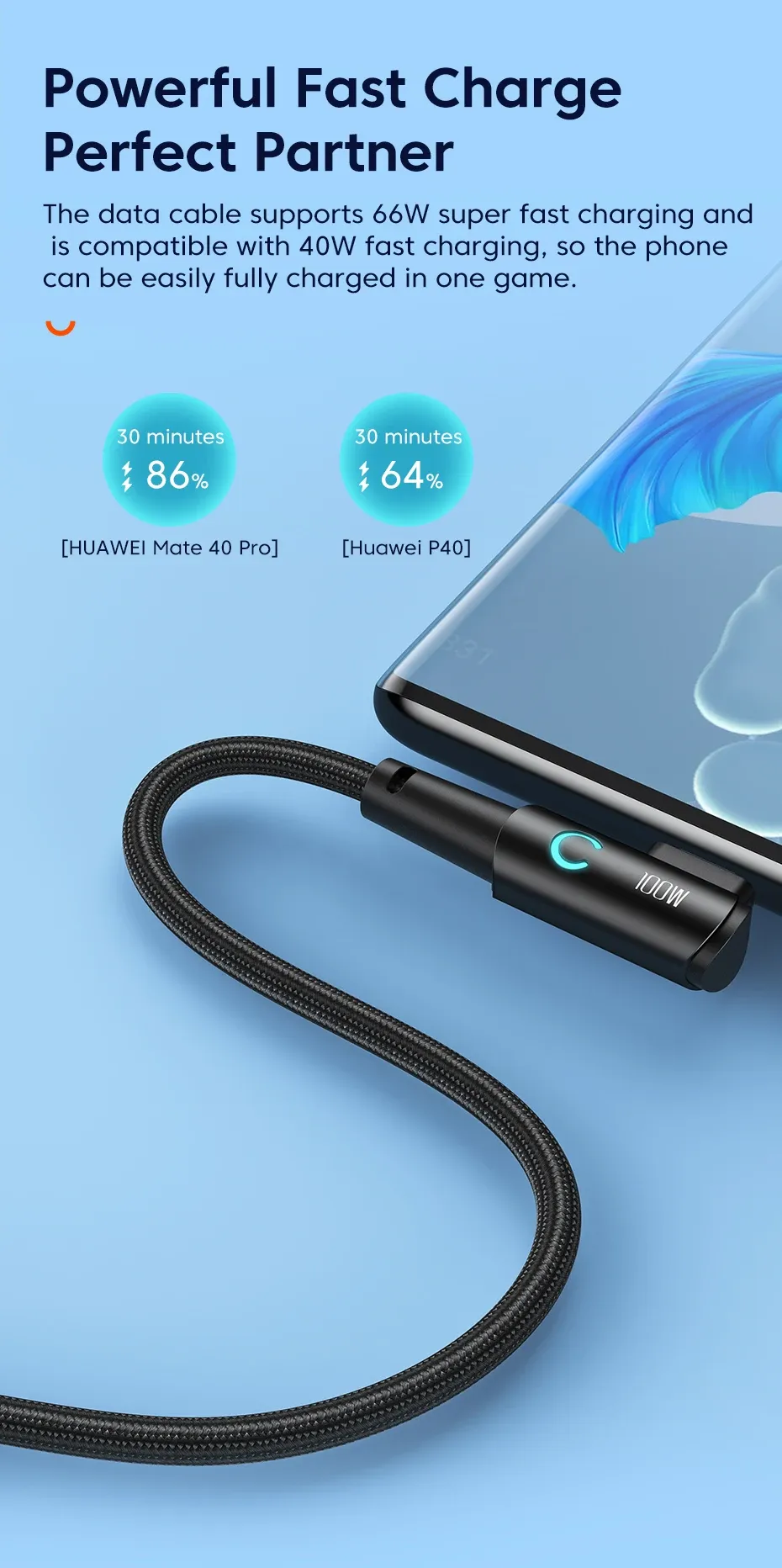 투키 직각형 100W USB-C 고속 충전 브레이드 케이블